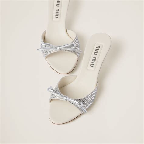 Pearl Gray Satin Sandals With Artificial Crystals 